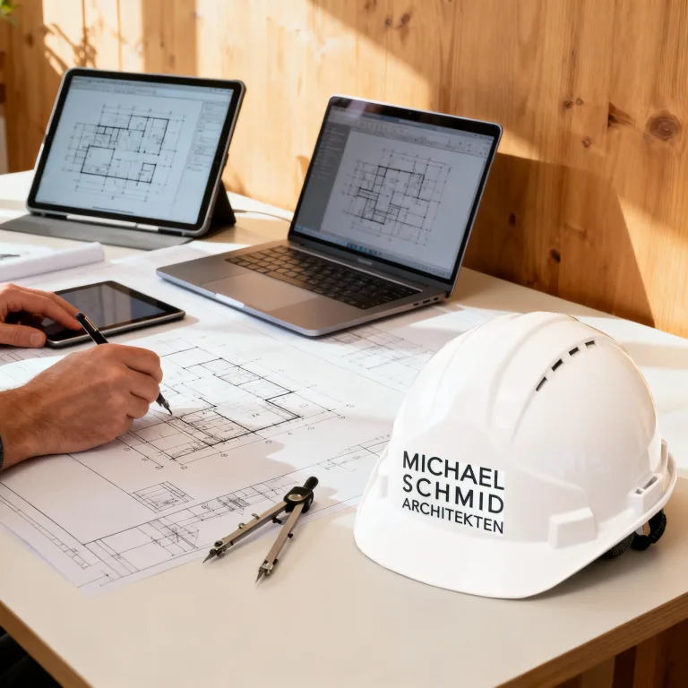 Architekturpläne, Laptop und weißer MSA-Bauhelm auf einem Arbeitstisch.