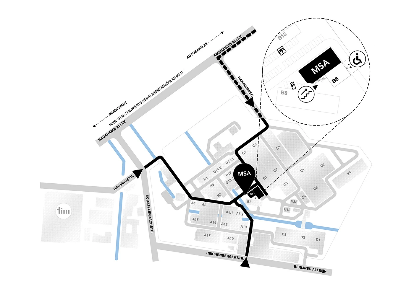 Lageplan zum Büro Michael Schmid Architekten im Gebäude B6, Provinostraße 52 in Augsburg. Eingezeichnet sind Zufahrten über Provinostraße, Hanreiweg und Reichenberger Straße sowie Parkplätze und die Zugänge am Gebäude.